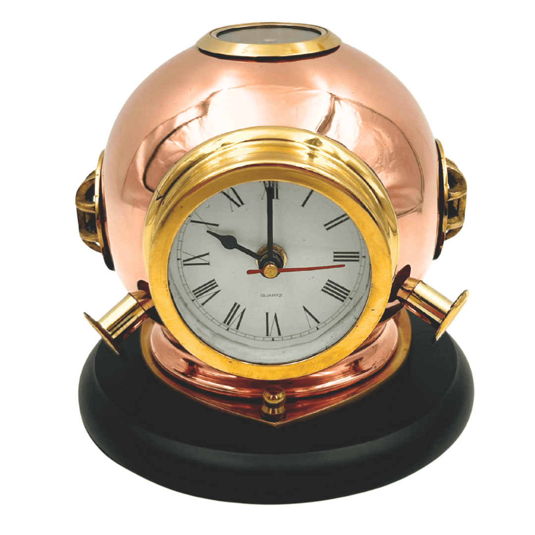 Desk Clock: Diver's Helmet with Compass - Brass on a Wooden Base – TC032