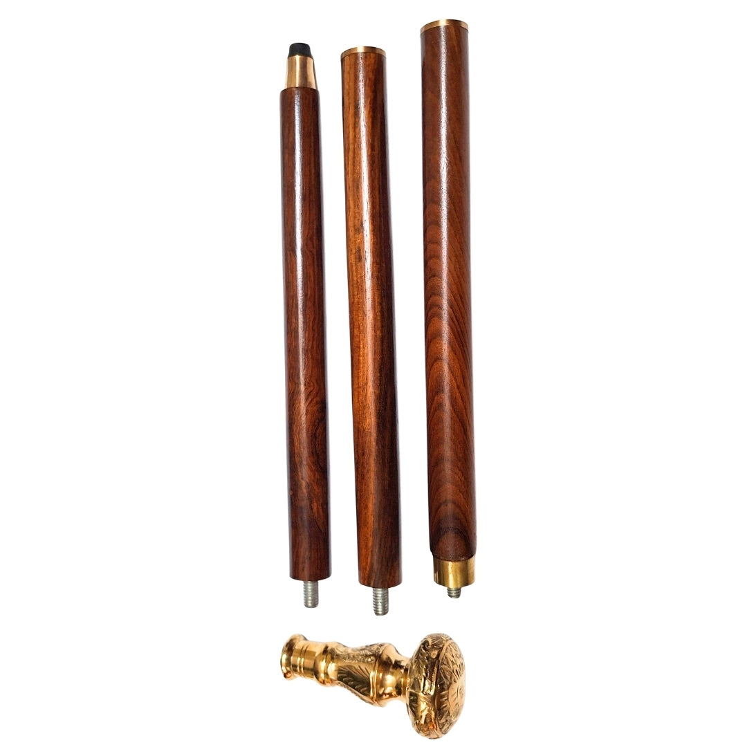 Elegant Folding Walking Cane with Brass Handle - Brown Wooden Cane with Engraving Option - Perfect Gift for Seniors with Retro Styling - Maximum Length 96 cm