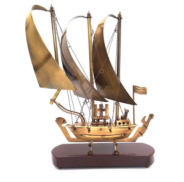 Large Brass Ship on a Wooden Base - 38cm - N-3615B