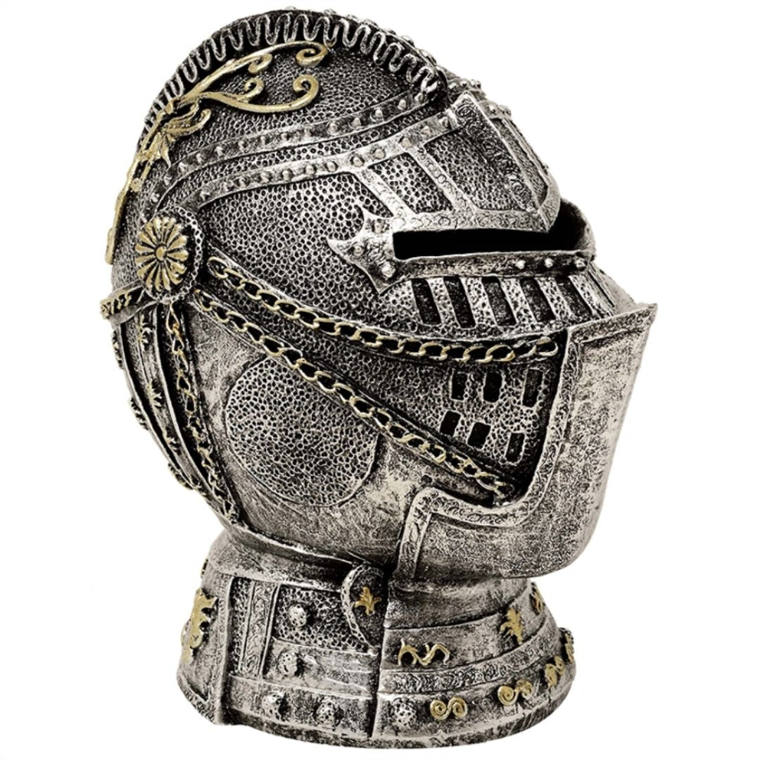 Decorative Knight's Helmet Money Box with Engraving – Antique Silver, 13 cm