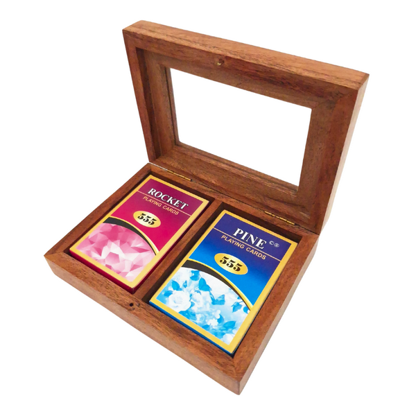 Two Decks of Cards in a Wooden Box with a Glass Top - DNU-007