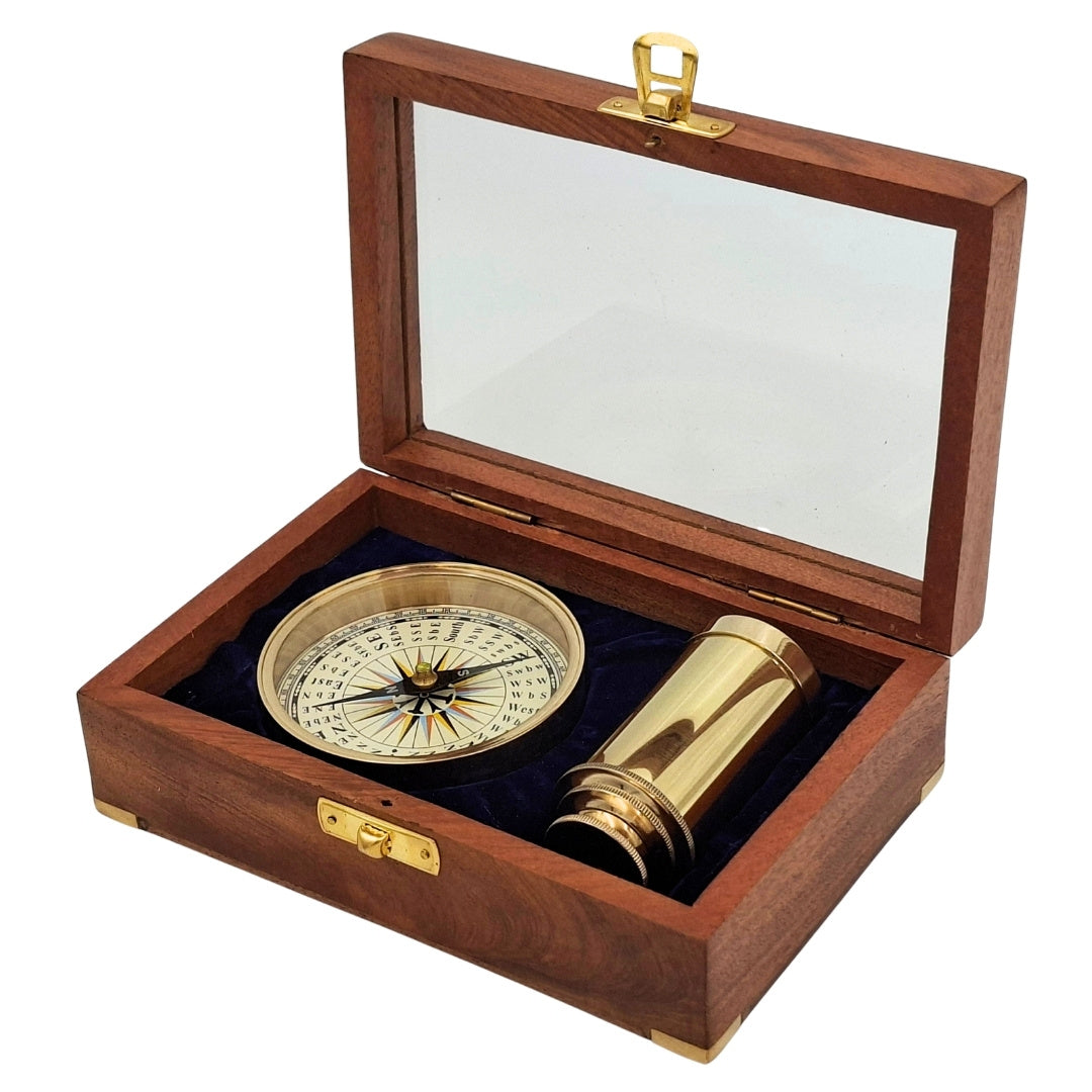 Gift Set with Brass Compass and Telescope in an Elegant Wooden Box with Engraving