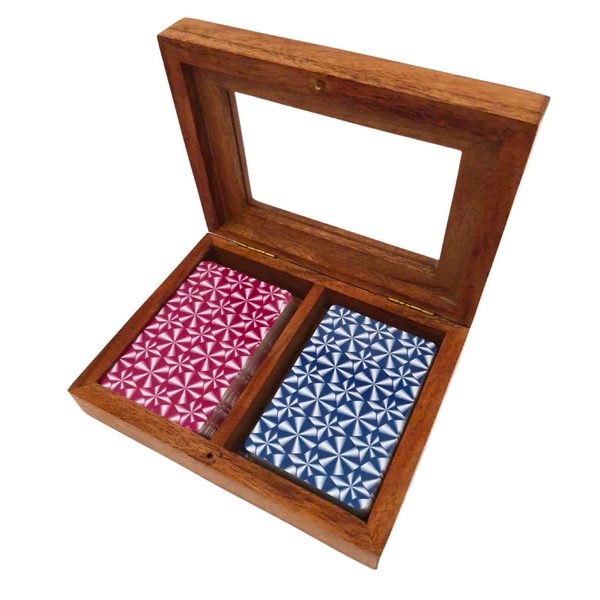 Two Decks of Cards in a Wooden Box with a Glass Top - DNU-007