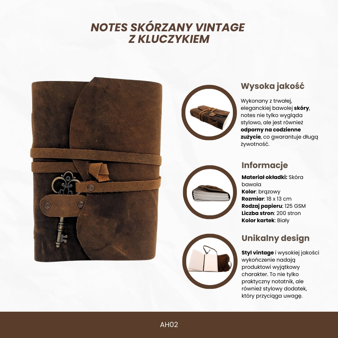 Retro Leather Notebook with Key and Strap 200 Pages 18 x 13 cm - AH02