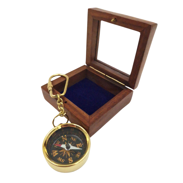 Stylish Vintage Brass Compass Keychain in a Wooden Box