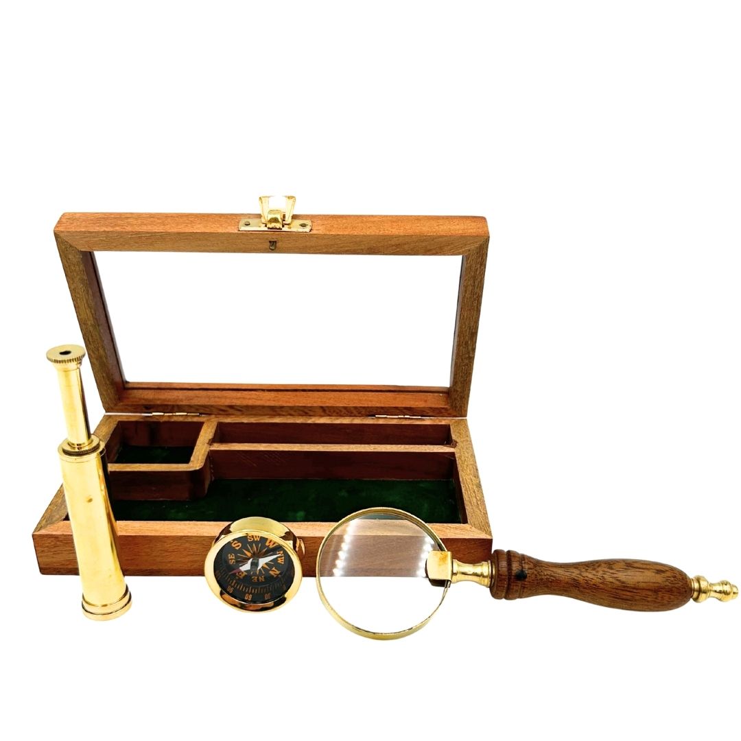 Traveler's Set – Spyglass + Compass + Magnifying Glass in a Wooden Box – NC2677AZ
