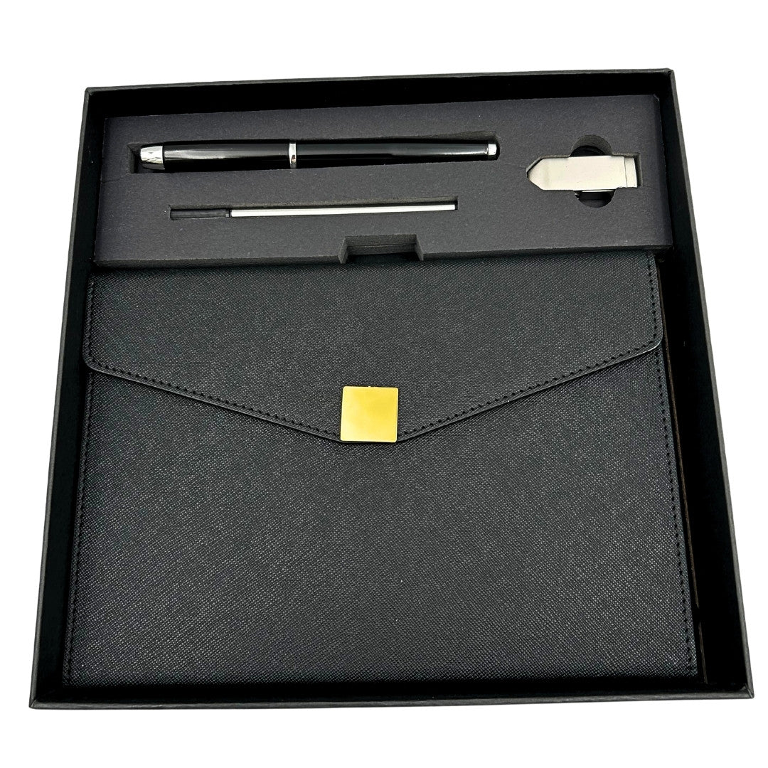 Elegant Premium Gift Set – A5 Notebook with Pen and 16GB Flash Drive in Box – Black and Gold – EE9