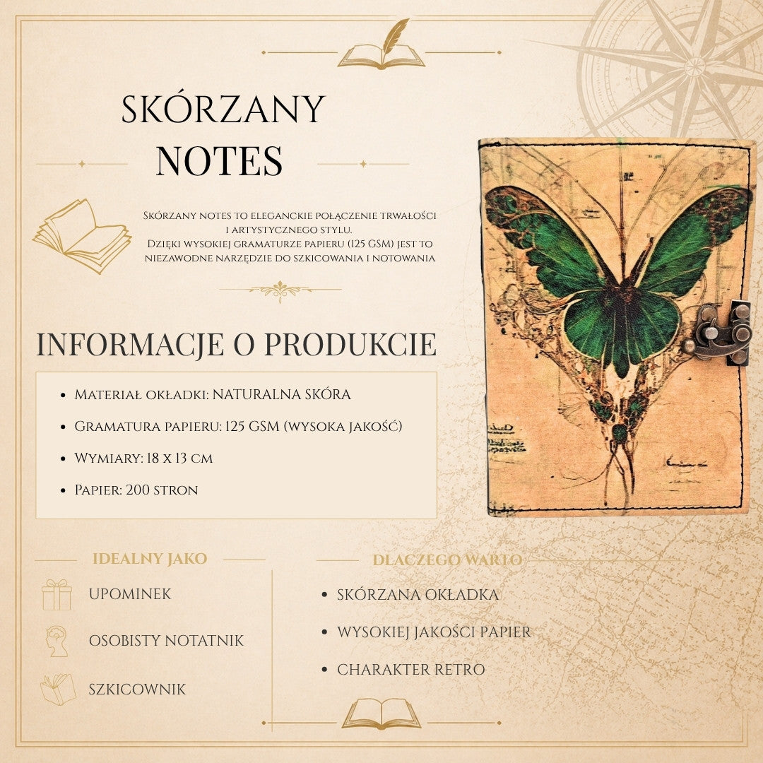 Retro Leather Notebook Butterfly - Goat Leather 200 Pages - AH20