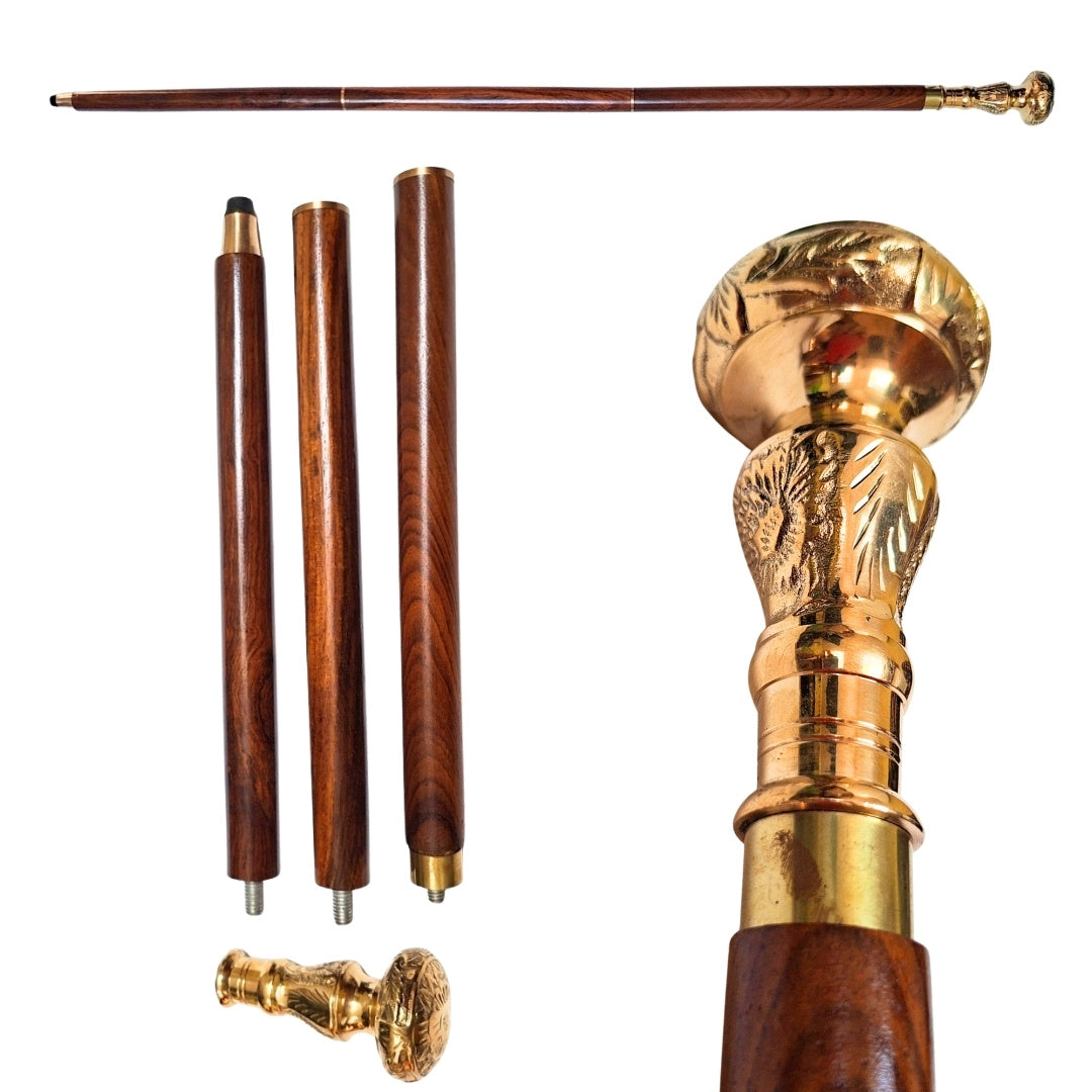 Elegant Folding Walking Cane with Brass Handle - Brown Wooden Cane with Engraving Option - Perfect Gift for Seniors with Retro Styling - Maximum Length 96 cm
