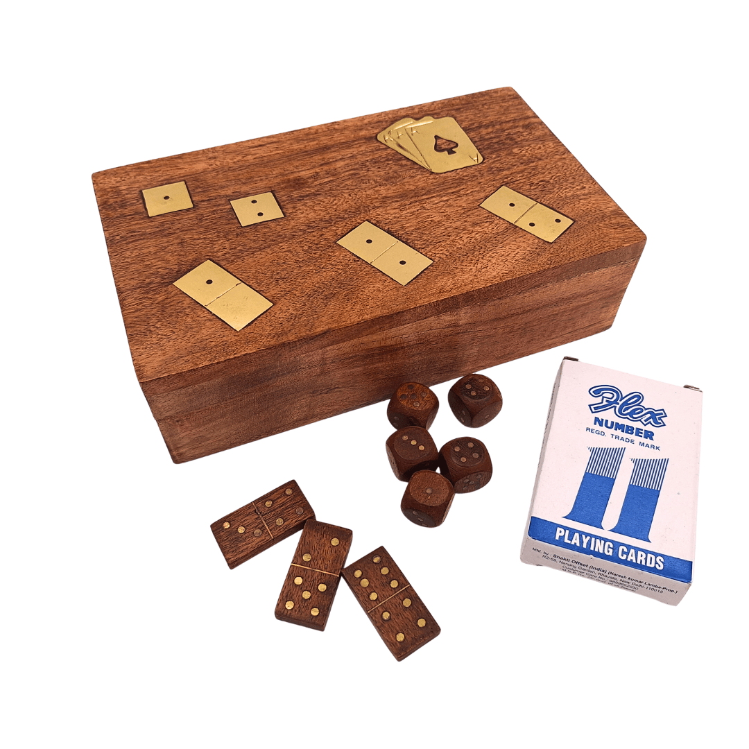 3-in-1 Game Set in a Wooden Box: Cards, Dominoes, Dice - DNU-011