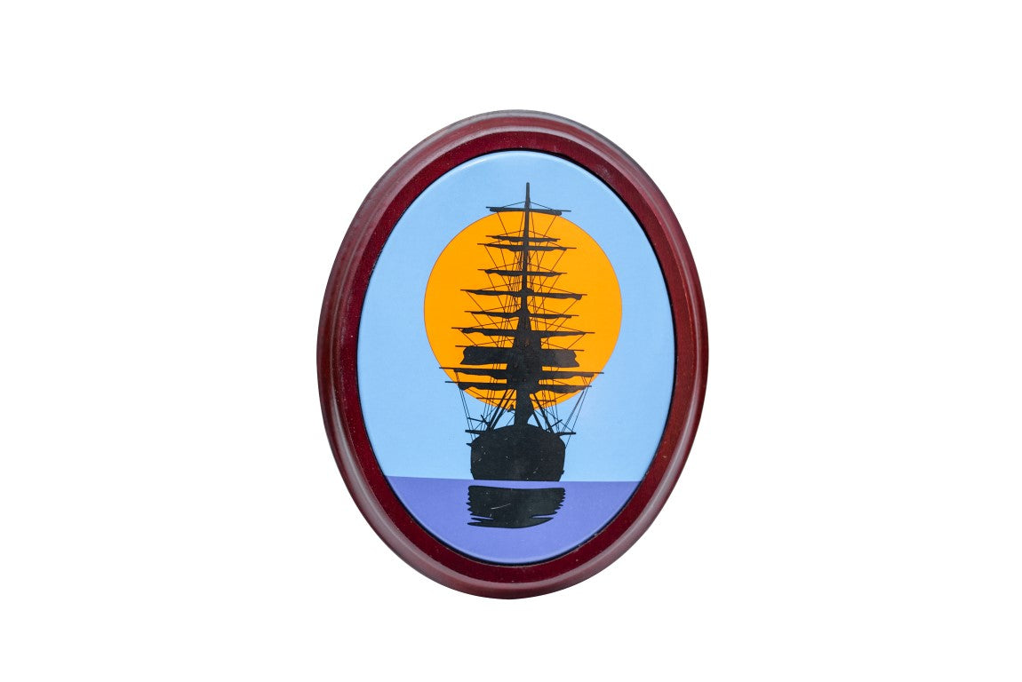 Sailing ship sunset picture - wooden frame - enamel sign - nautical decoration