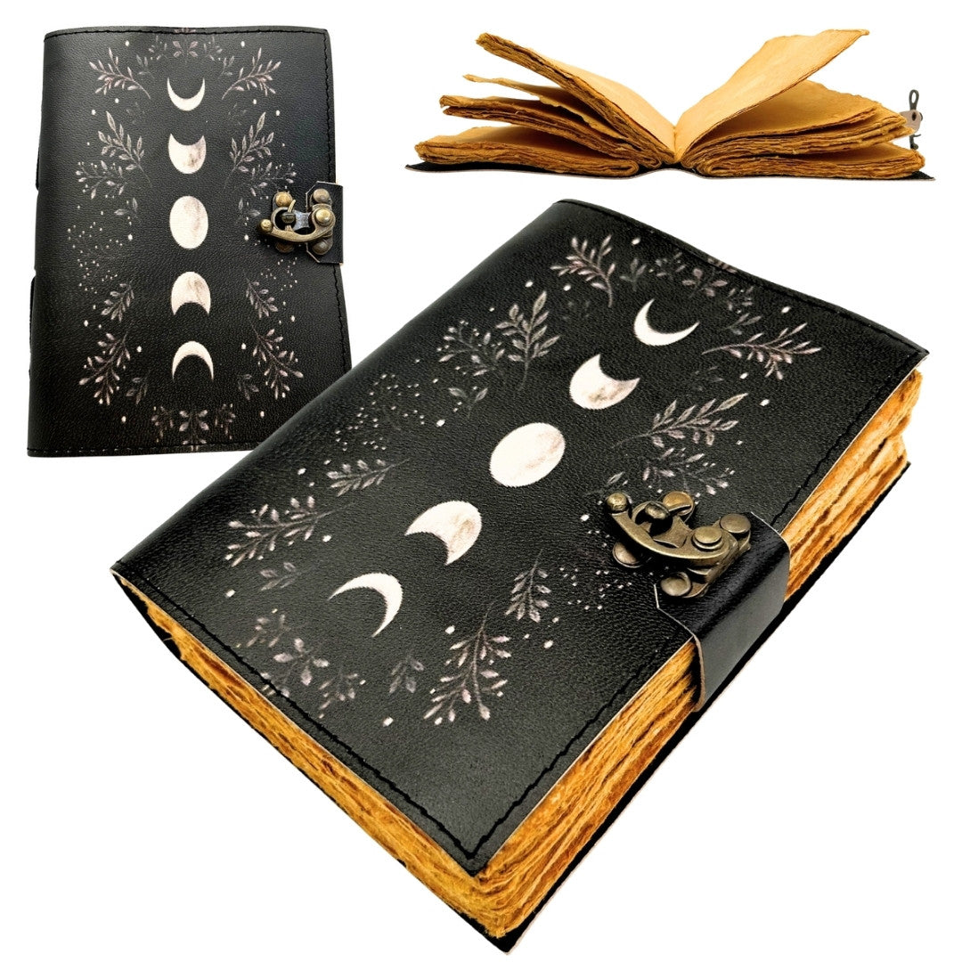 Retro Leather Notebook with Moon Phases – Goatskin, 200 Pages, 150 GSM Paper – H080
