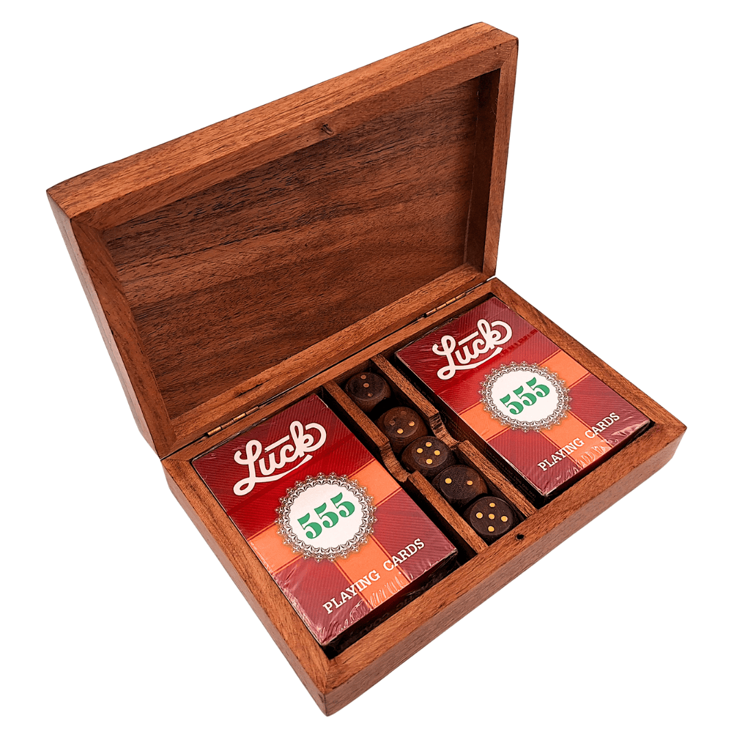 Game Set - Two Decks of Cards and Dice in a Wooden Box – Elegant Gift for a Player – DNU-008