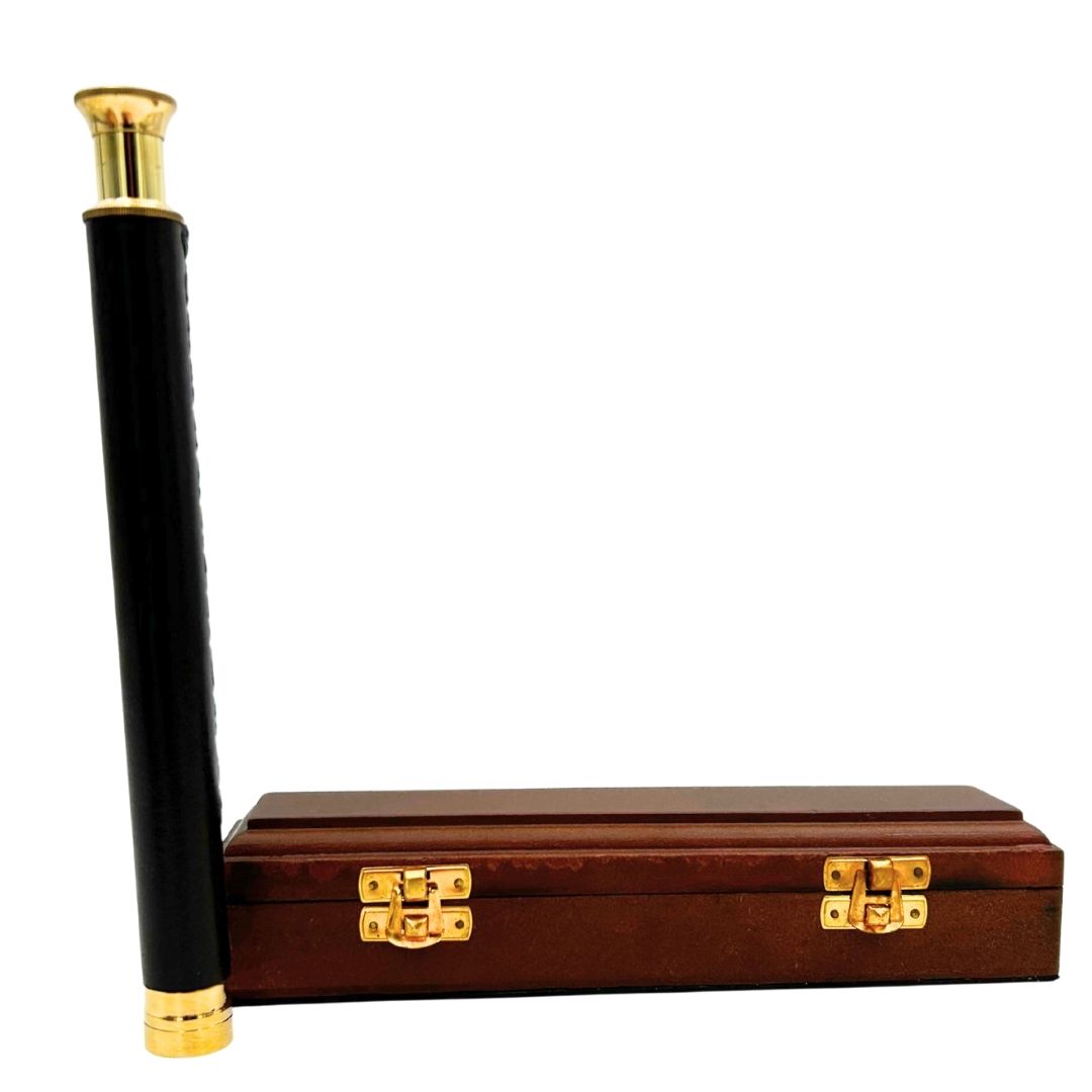 Brass and Leather Spyglass in a Wooden Box – HT013