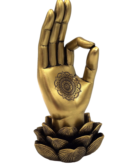 Gold Buddha Hand Mudra OM Figurine - Yoga Lotus Flower - 43724