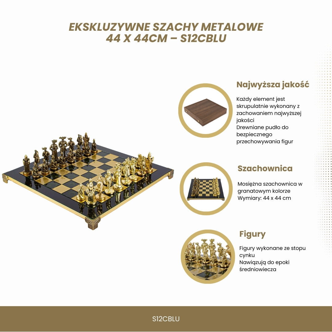 Exclusive Metal Chess Set – Brass Chessboard 44 x 44cm – Medieval – S12CBLU
