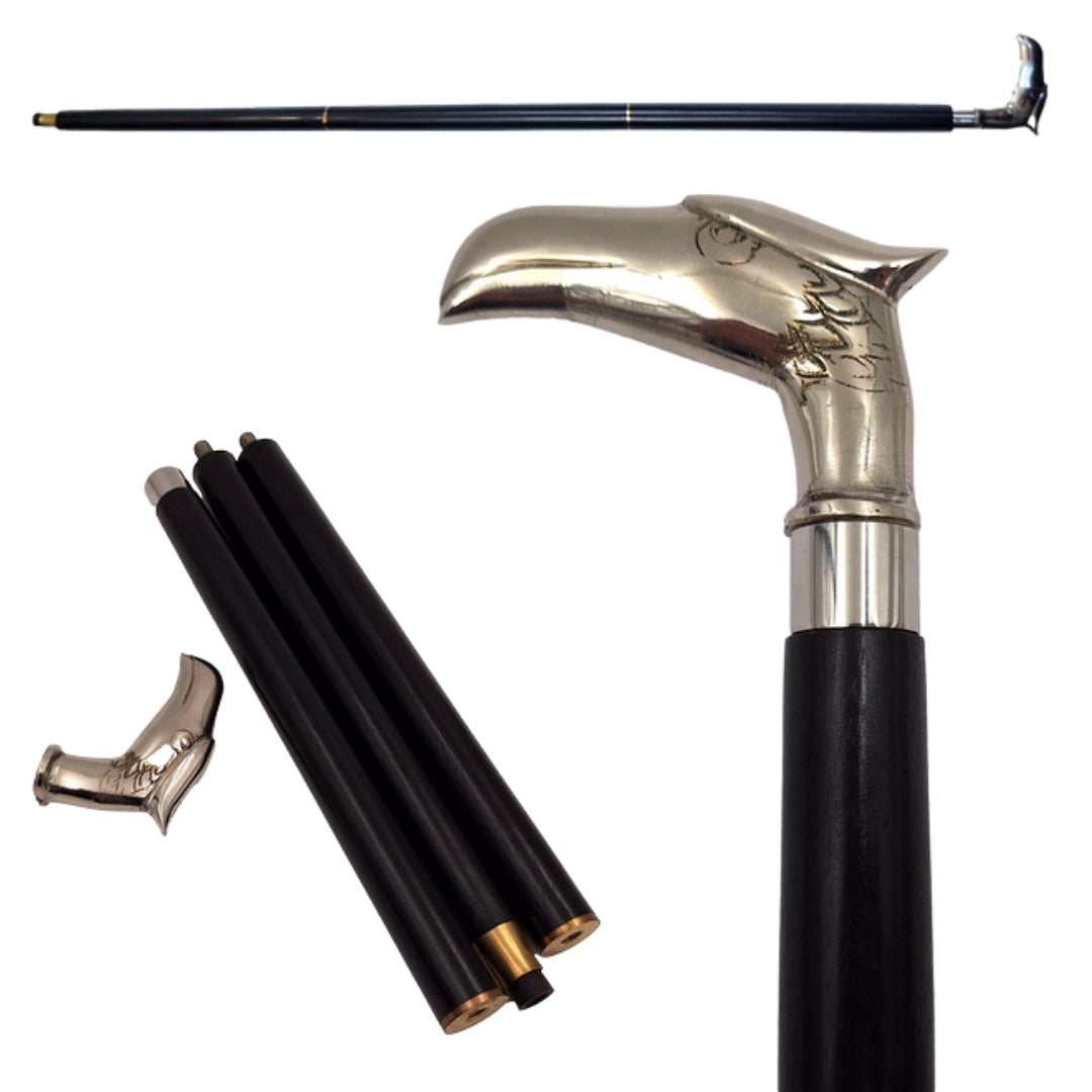 Foldable Wooden Cane with Eagle Head - Elegant Gift with Personalized Engraving Option, Length 91.5 cm, Black with Silver and Brass Handle
