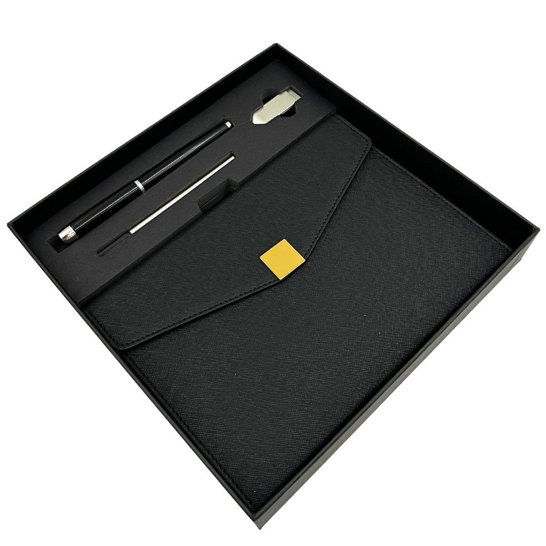 Elegant Premium Gift Set – A5 Notebook with Pen and 16GB Flash Drive in Box – Black and Gold – EE9