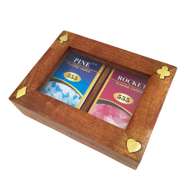 Two Decks of Cards in a Wooden Box with a Glass Top - DNU-007