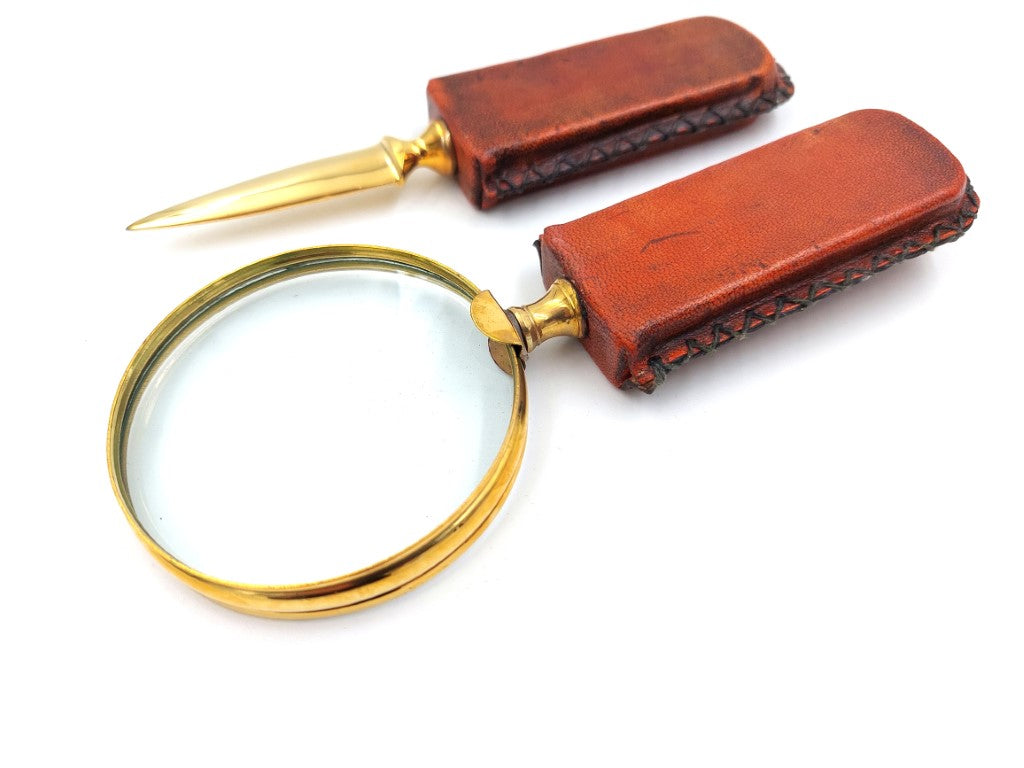 Brass Magnifying Glass and Letter Opener - Leather-Wrapped Handle MFPCSOL