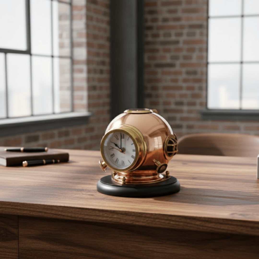 Desk Clock: Diver's Helmet with Compass - Brass on a Wooden Base – TC032