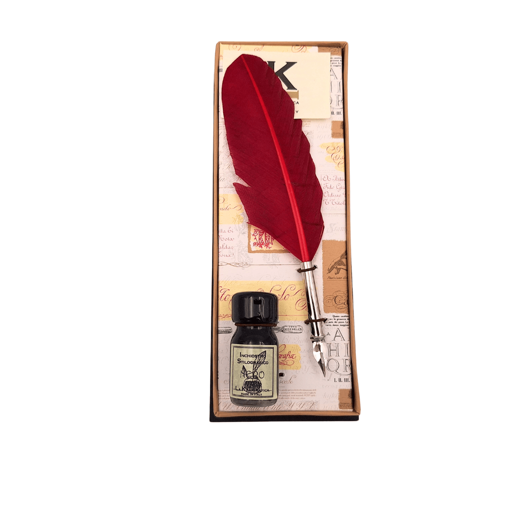 Calligraphy Set - Burgundy Goose Feather Quill with Nib + Ink - 2226