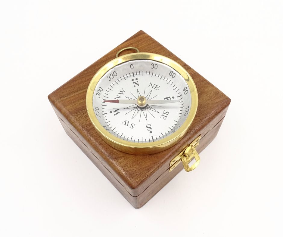 Brass Compass in a Wooden Box - C35A