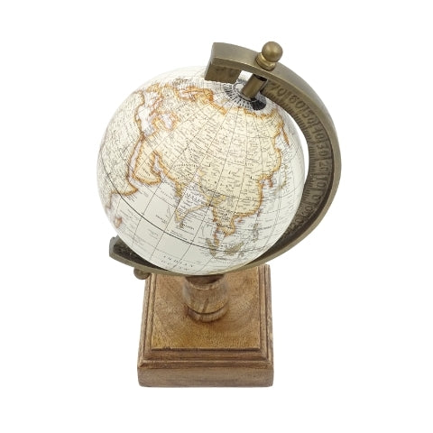Stylish Decorative Amundsen Globe on a Wooden Base with Engraving - Elegant Decoration for Classic, Loft, and Colonial Interiors, Perfect Gift - Height 26.5 cm, White-Brown Color, Educational Accent in English