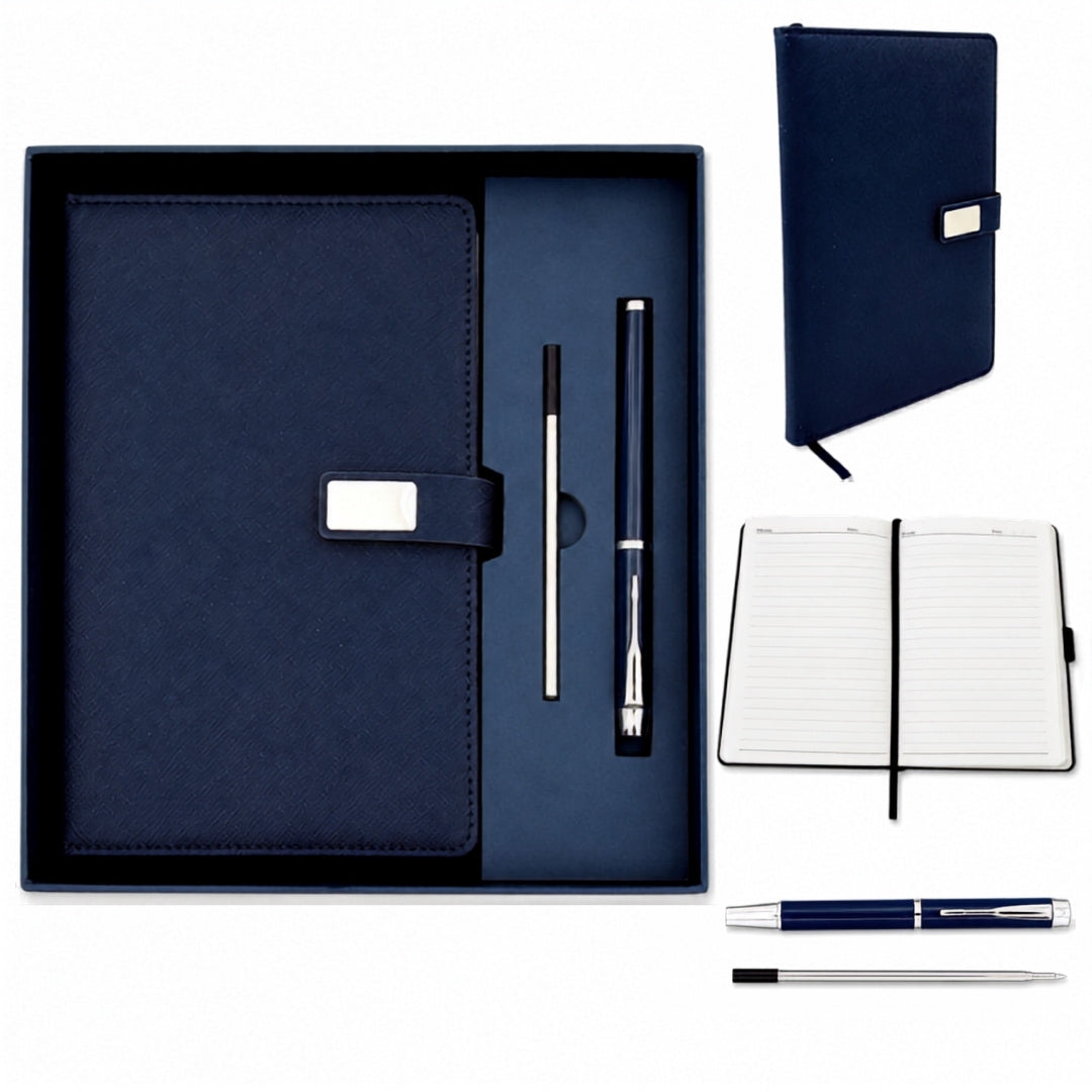 Elegant Gift Set Navy Blue Leather A5 Notebook with Pen in a Gift Box - EE13