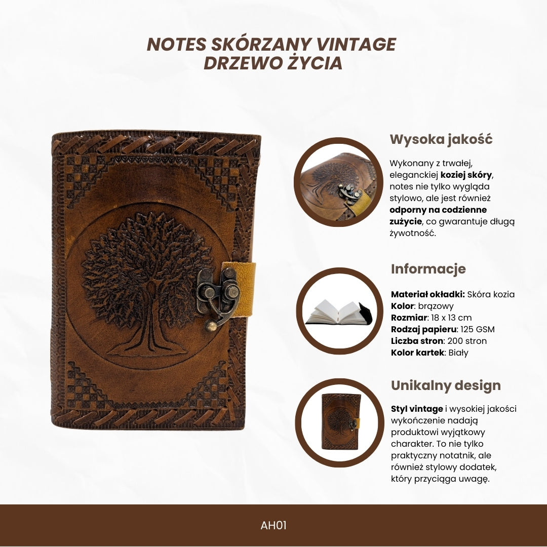 Vintage Retro Leather Notebook 200 Pages – Tree of Life - AH01