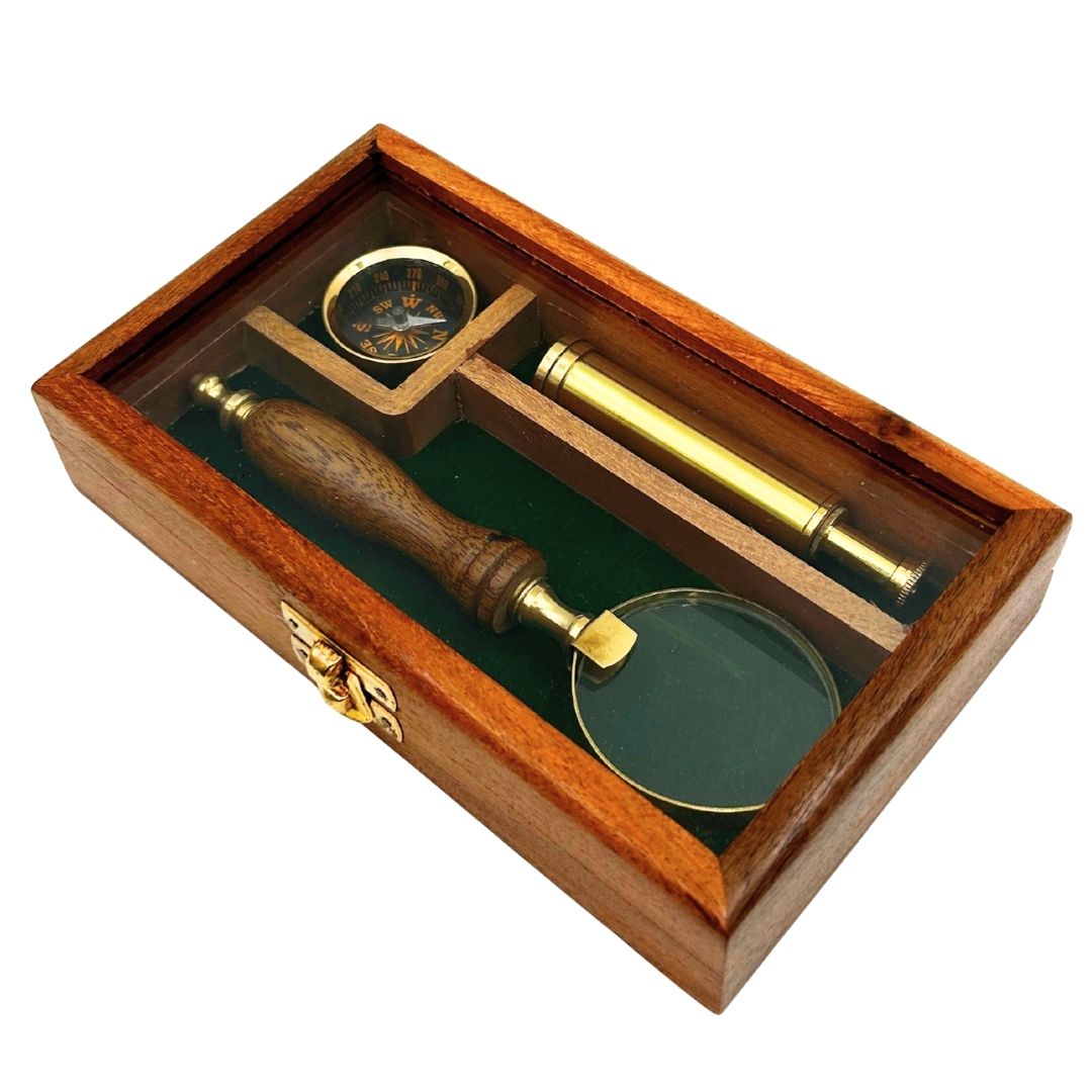 Traveler's Set – Spyglass + Compass + Magnifying Glass in a Wooden Box – NC2677AZ