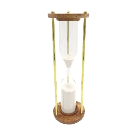 Brass and Wooden 30-Minute Hourglass with Engraving Personalization Option – an Elegant Gift for Any Occasion, Height 30.5 cm, White Sand, Classic Materials