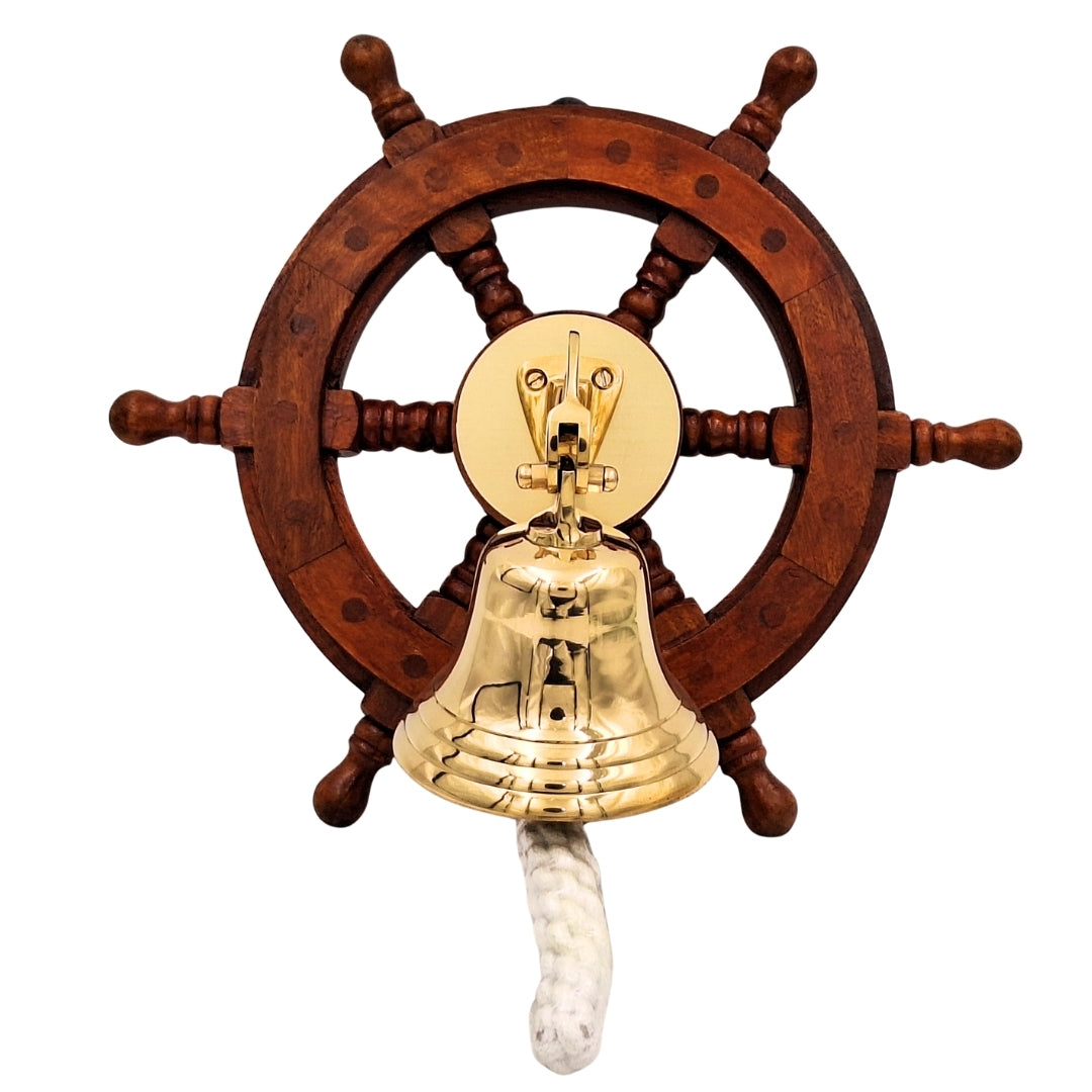 Brass Ship's Bell in a Steering Wheel – Nautical Decoration - NC2356A