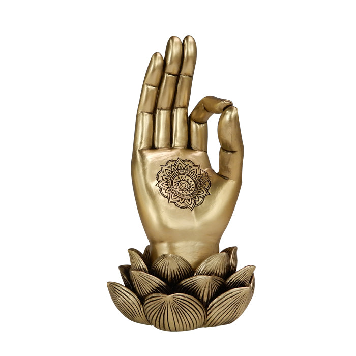 Gold Buddha Hand Mudra OM Figurine - Yoga Lotus Flower - 43724