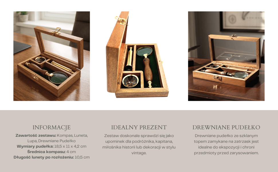 Traveler's Set – Spyglass + Compass + Magnifying Glass in a Wooden Box – NC2677AZ