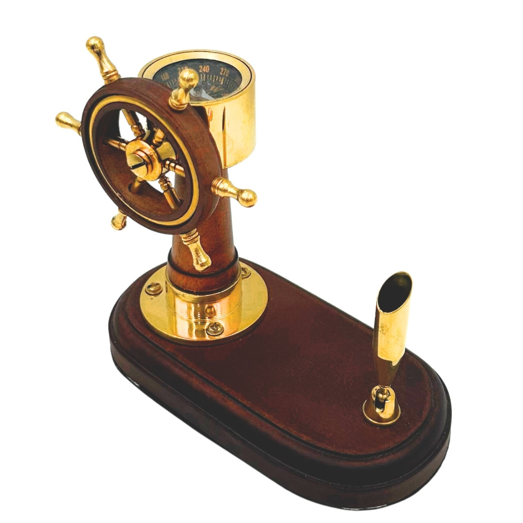 Elegant Desk Set: Ship's Wheel and Compass with Pen Holder – Wood, Brass – TT017