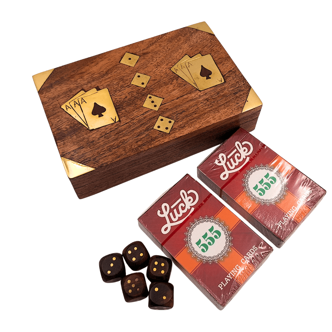 Game Set - Two Decks of Cards and Dice in a Wooden Box – Elegant Gift for a Player – DNU-008