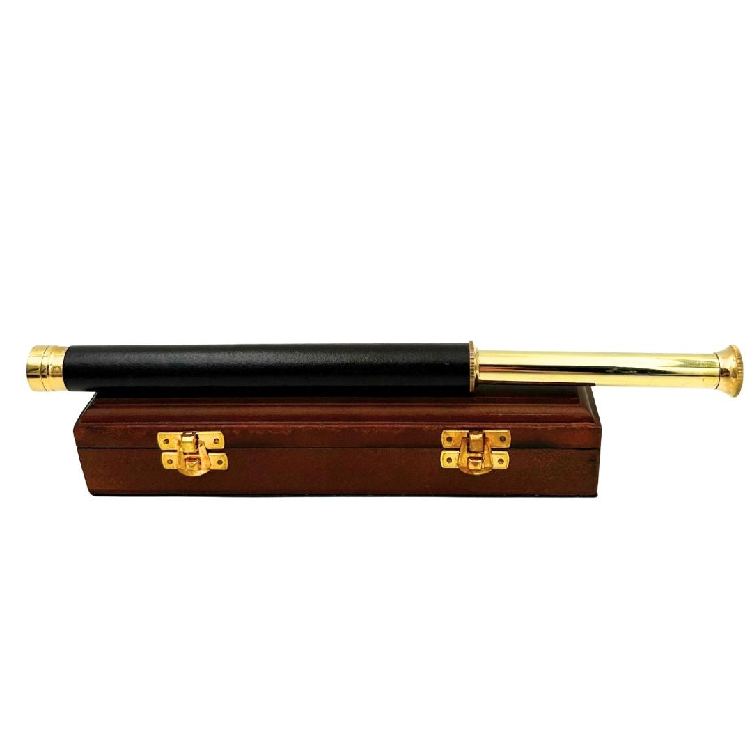 Brass and Leather Spyglass in a Wooden Box – HT013