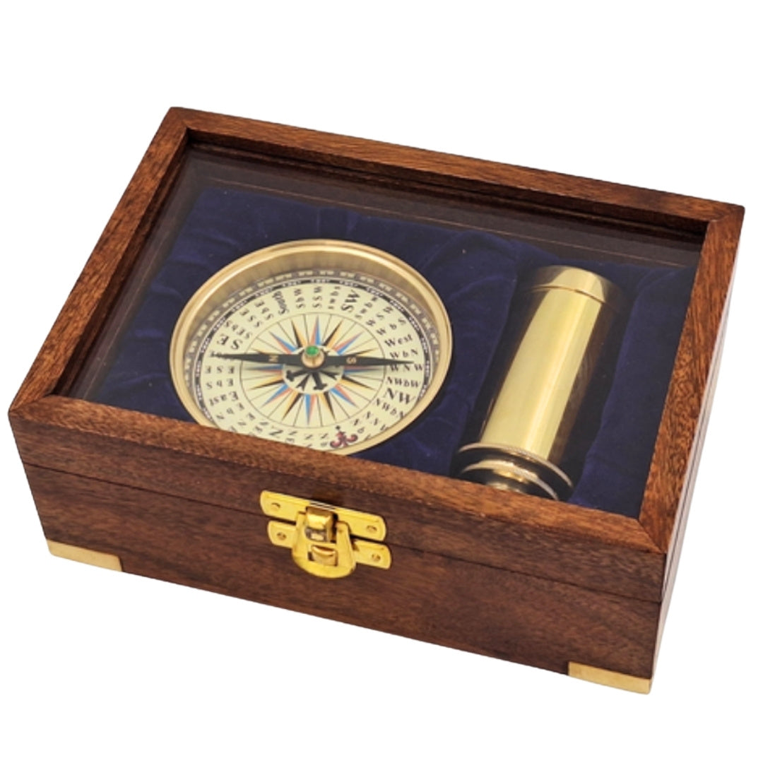 Gift Set with Brass Compass and Telescope in an Elegant Wooden Box with Engraving