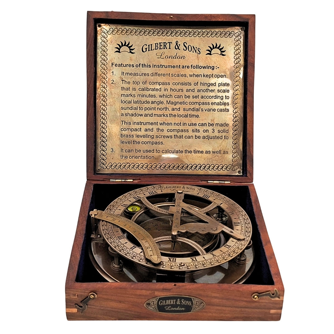 Large Brass XXL Compass with Sundial in Elegant Wooden Box