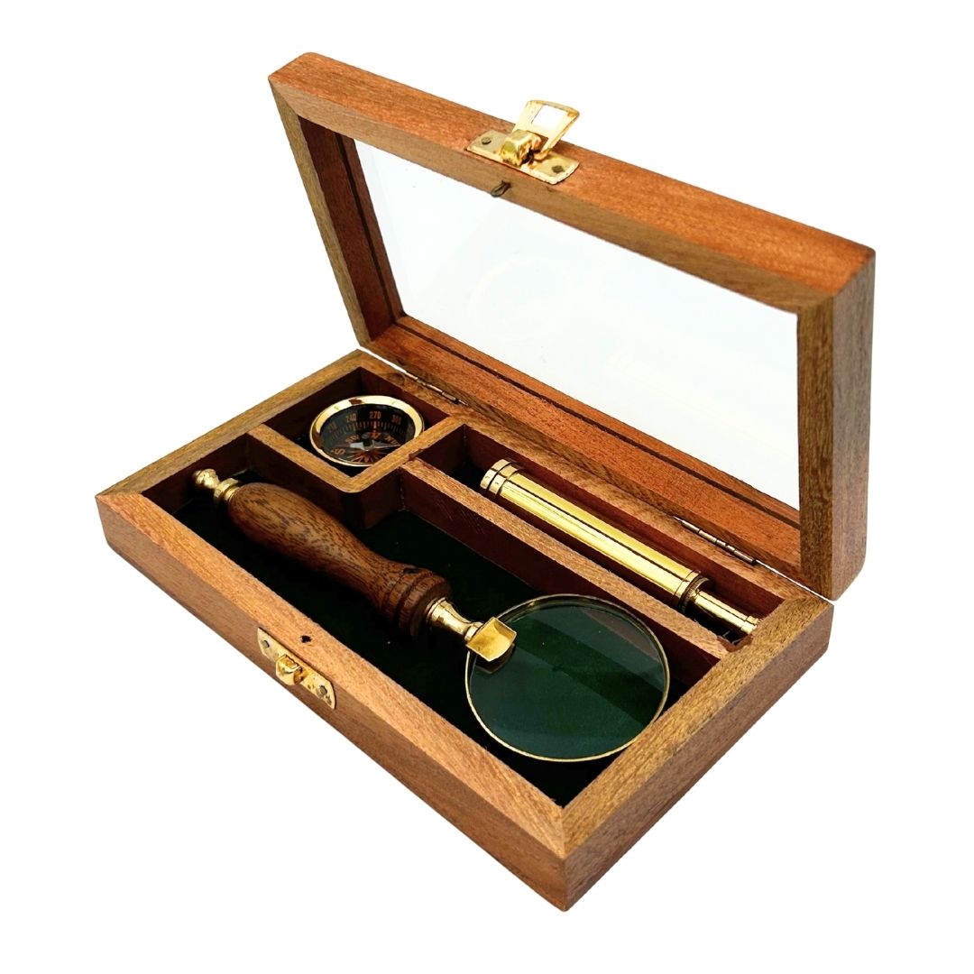 Traveler's Set – Spyglass + Compass + Magnifying Glass in a Wooden Box – NC2677AZ
