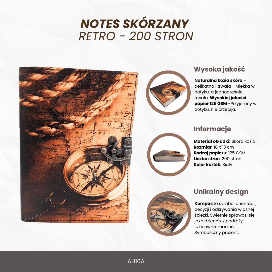 Leather Notebook Compass Retro Vintage 200 Pages – Gift for a Traveler - AH10A
