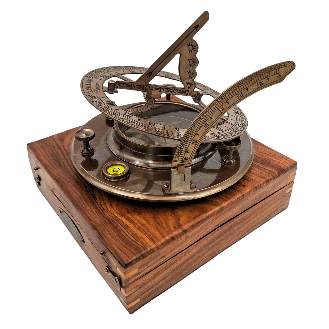 Large Brass XXL Compass with Sundial in Elegant Wooden Box