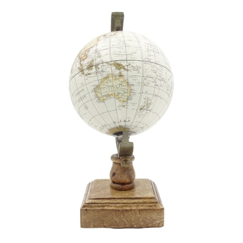 Stylish Decorative Amundsen Globe on a Wooden Base with Engraving - Elegant Decoration for Classic, Loft, and Colonial Interiors, Perfect Gift - Height 26.5 cm, White-Brown Color, Educational Accent in English