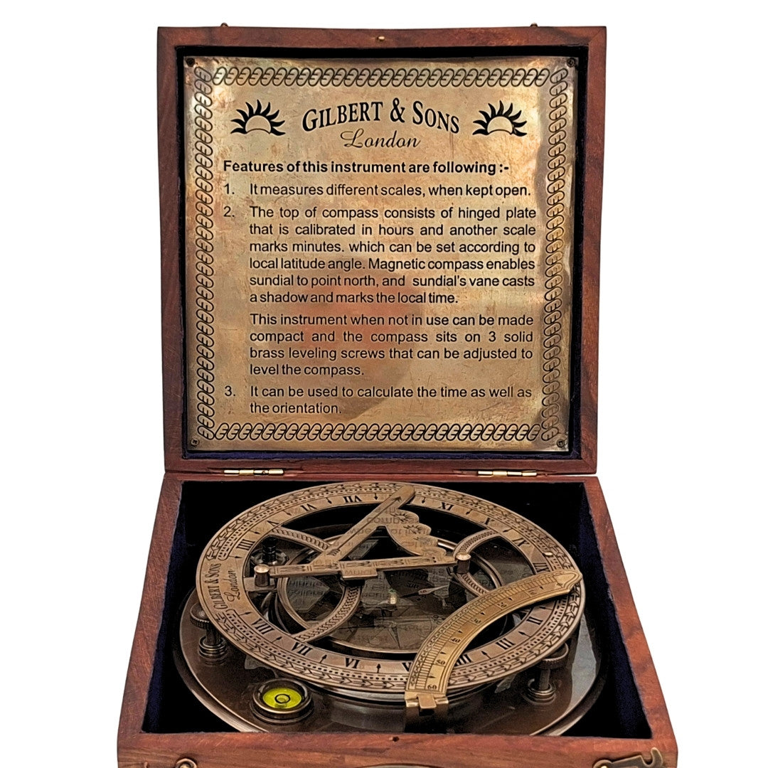 Large Brass XXL Compass with Sundial in Elegant Wooden Box