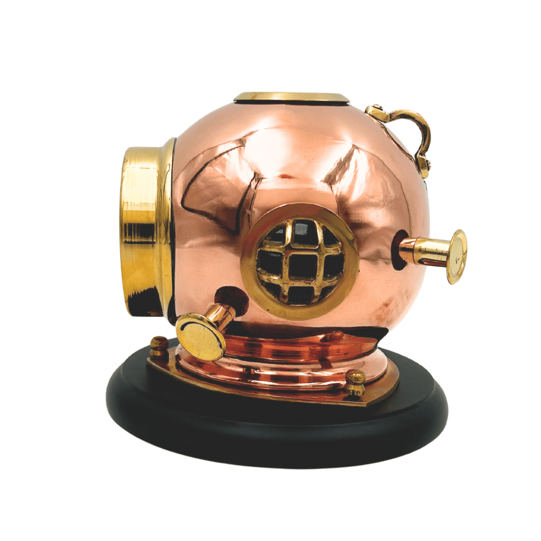 Desk Clock: Diver's Helmet with Compass - Brass on a Wooden Base – TC032
