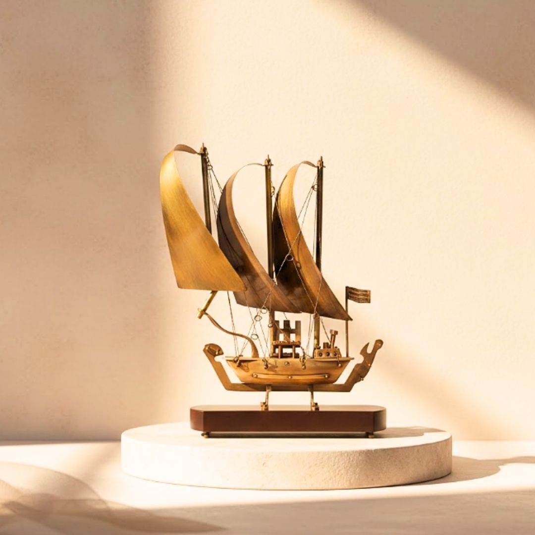 Large Brass Ship on a Wooden Base - 38cm - N-3615B