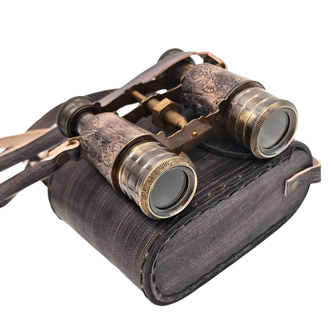 Brass Retro Binoculars in Leather Case with Personalization and Engraving Option