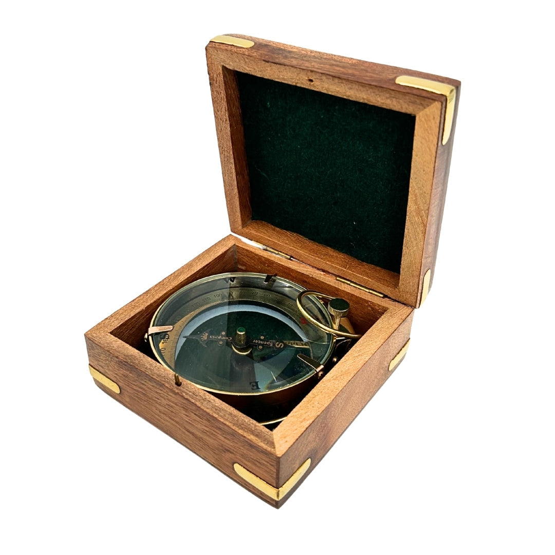 Brass Map Reader Compass in a Retro Wooden Box - NC1087