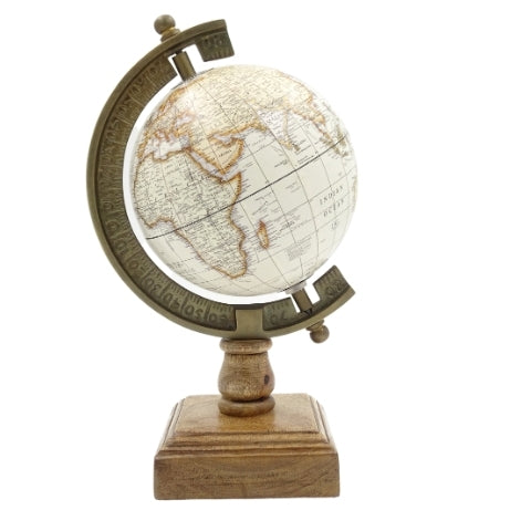 Stylish Decorative Amundsen Globe on a Wooden Base with Engraving - Elegant Decoration for Classic, Loft, and Colonial Interiors, Perfect Gift - Height 26.5 cm, White-Brown Color, Educational Accent in English